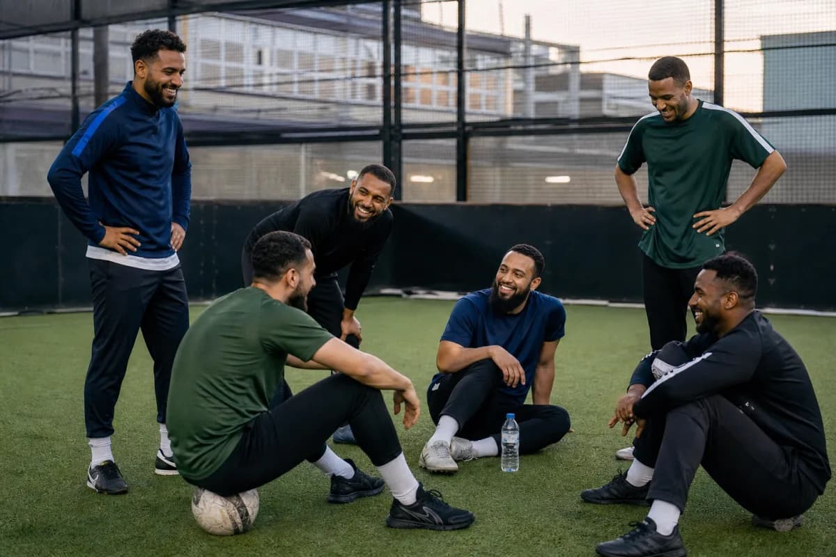Muslim men at a brothers-only football social