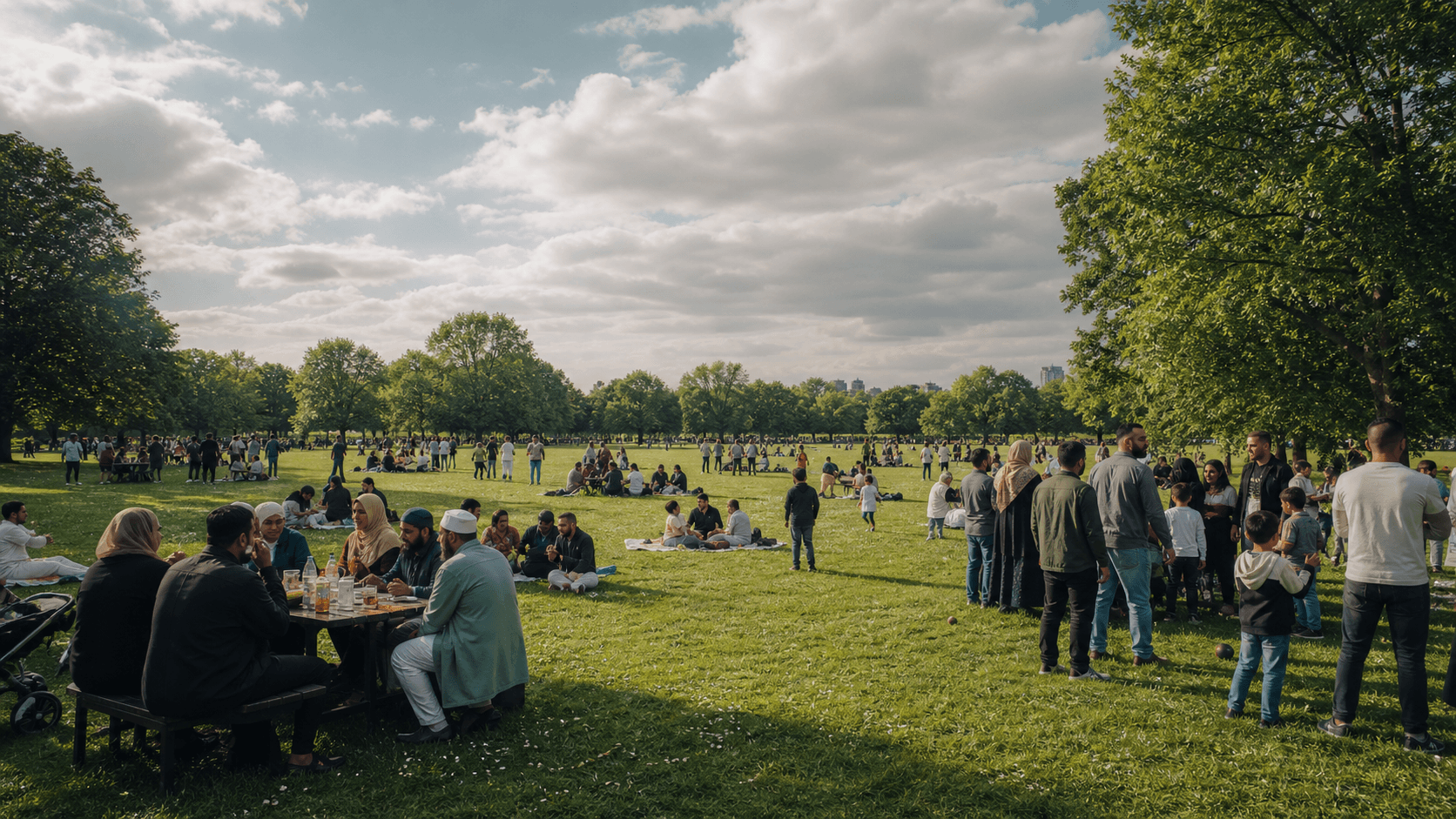 A diverse Muslim community gathering together in a UK park
