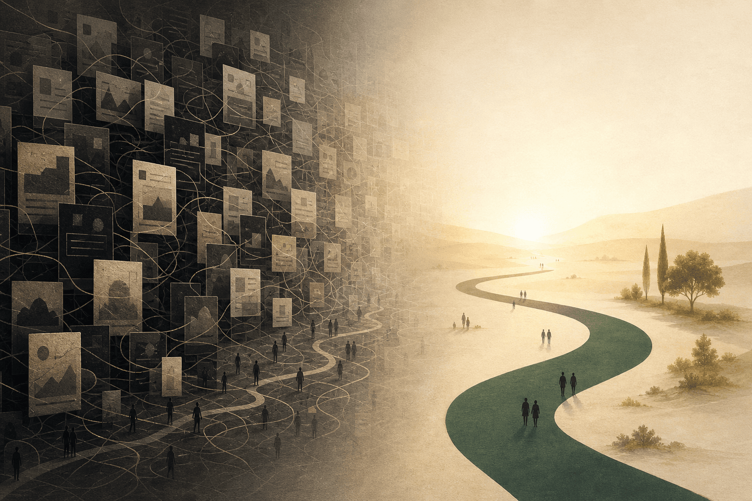 A crowded field of event choices opening into a clear hopeful path