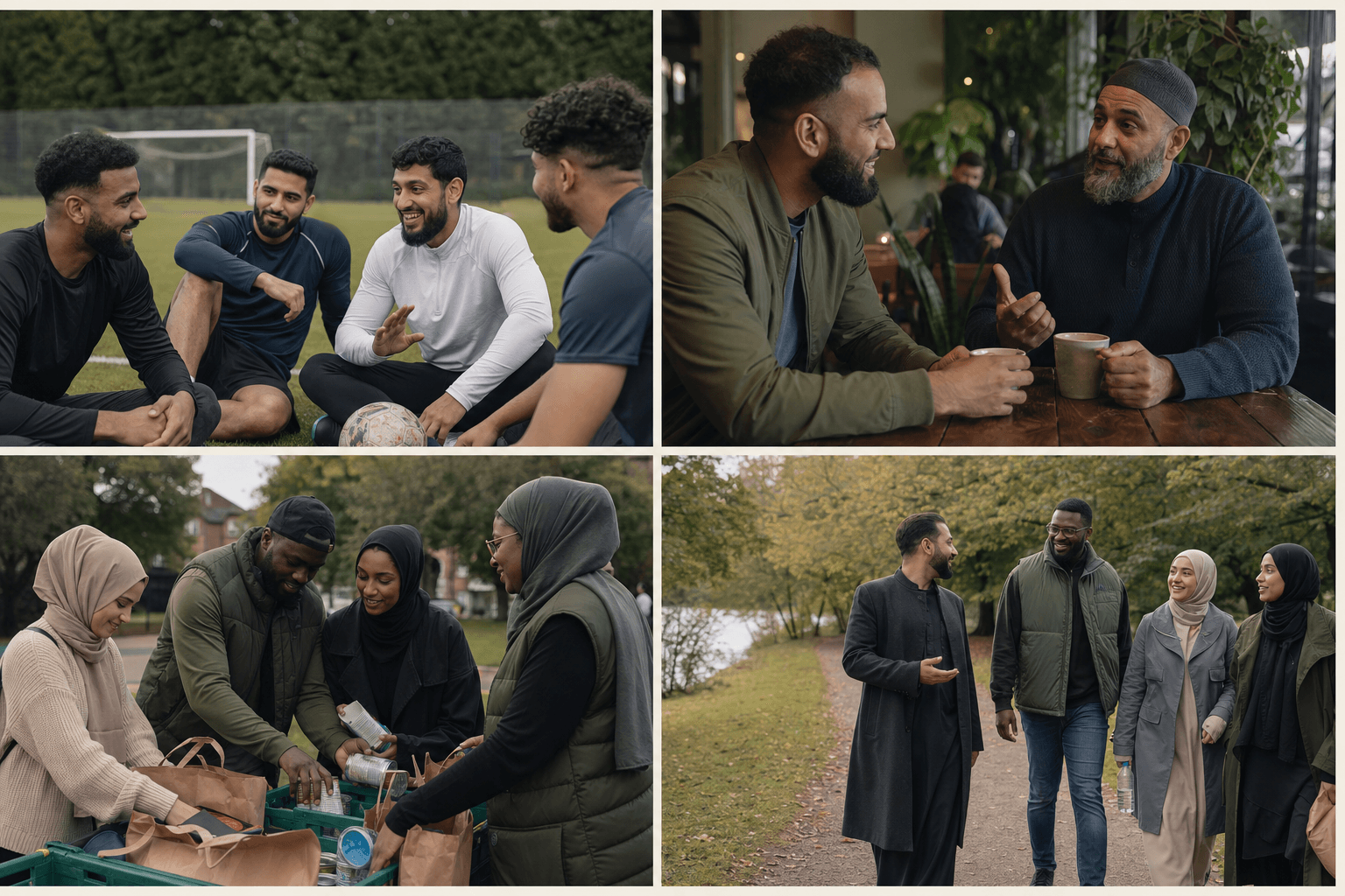 Friends after football, a coffee conversation, volunteers and a community walk