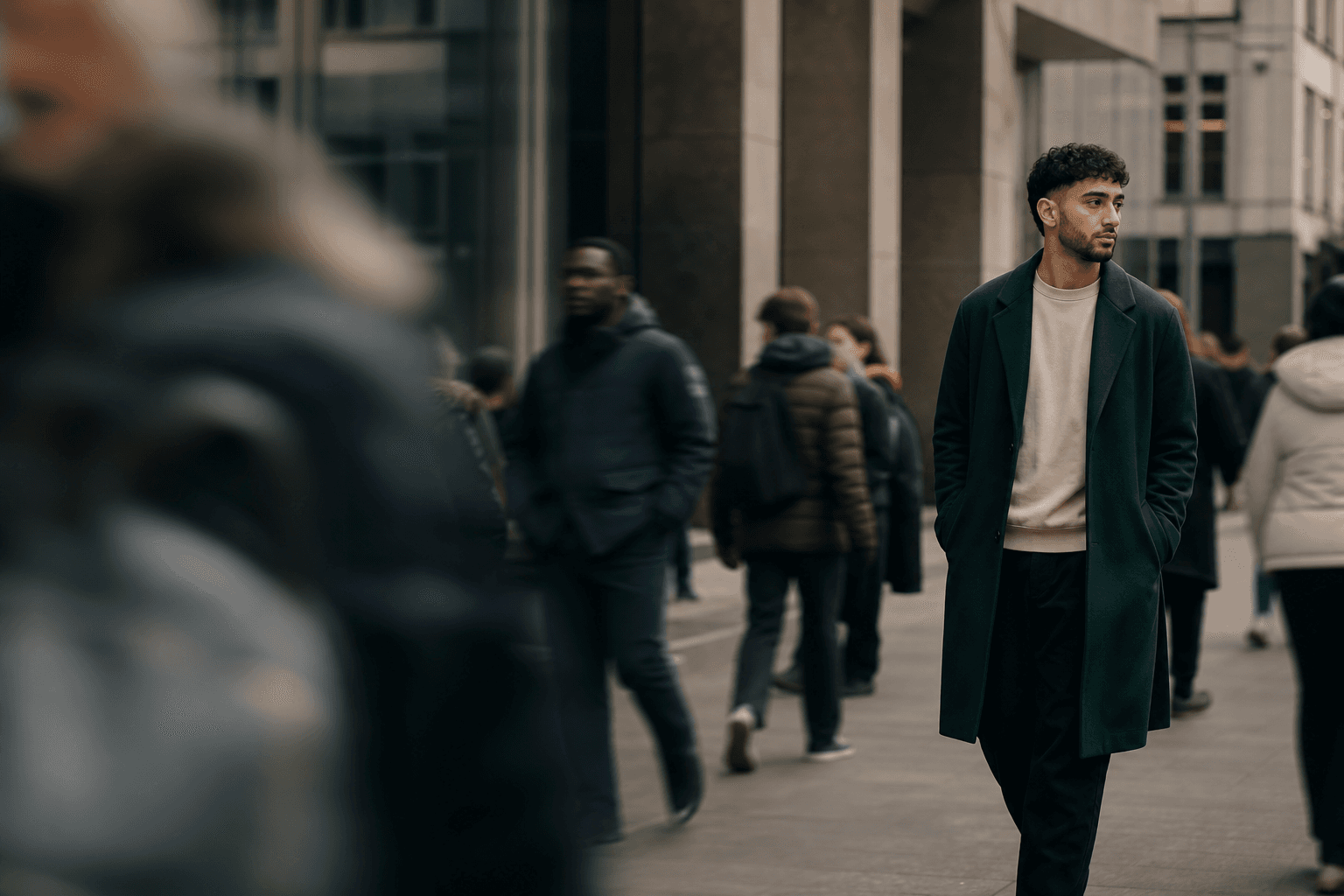 A young Muslim walking thoughtfully through a busy UK city