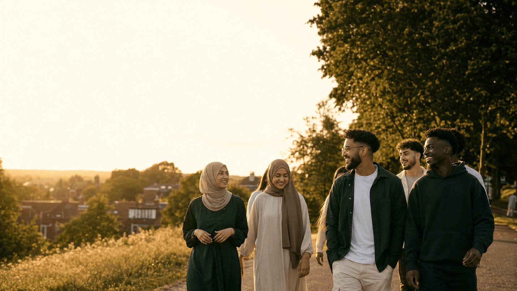 Young Muslims walking together after a community event in the UK