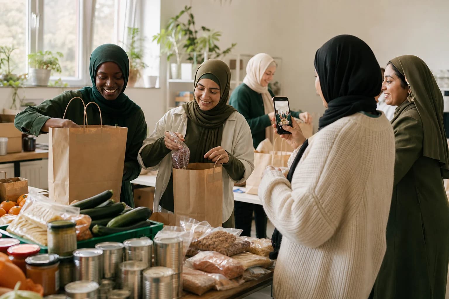 British Muslim women creating content while volunteering at a food collection