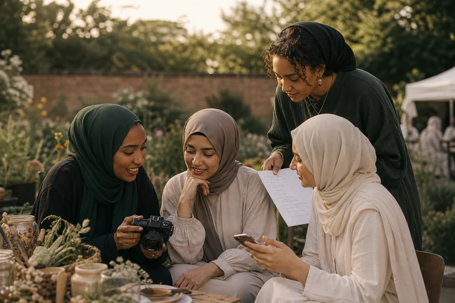 British Muslim women creators planning community-event content together