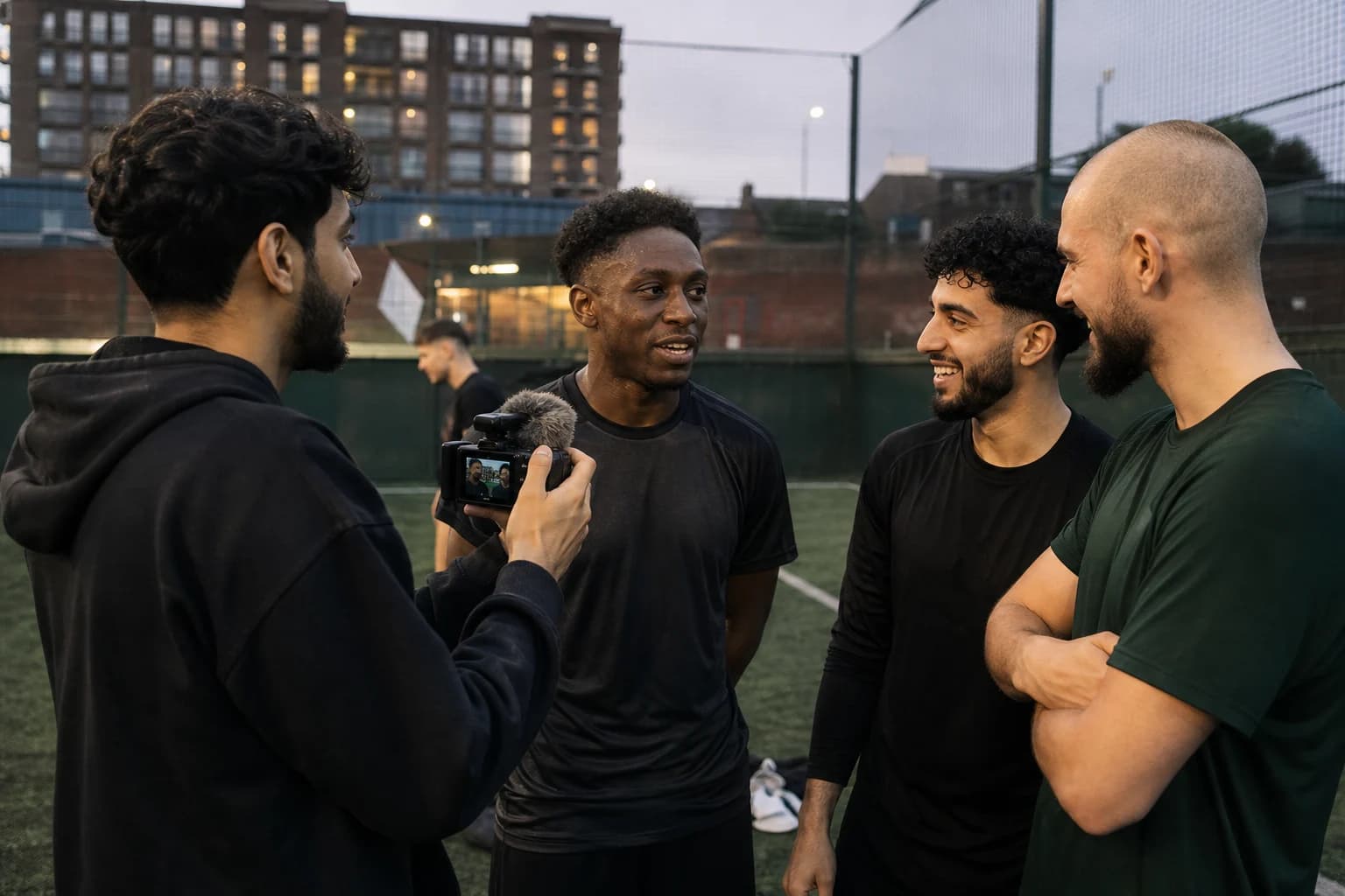 British Muslim men creating an authentic story after a community football match